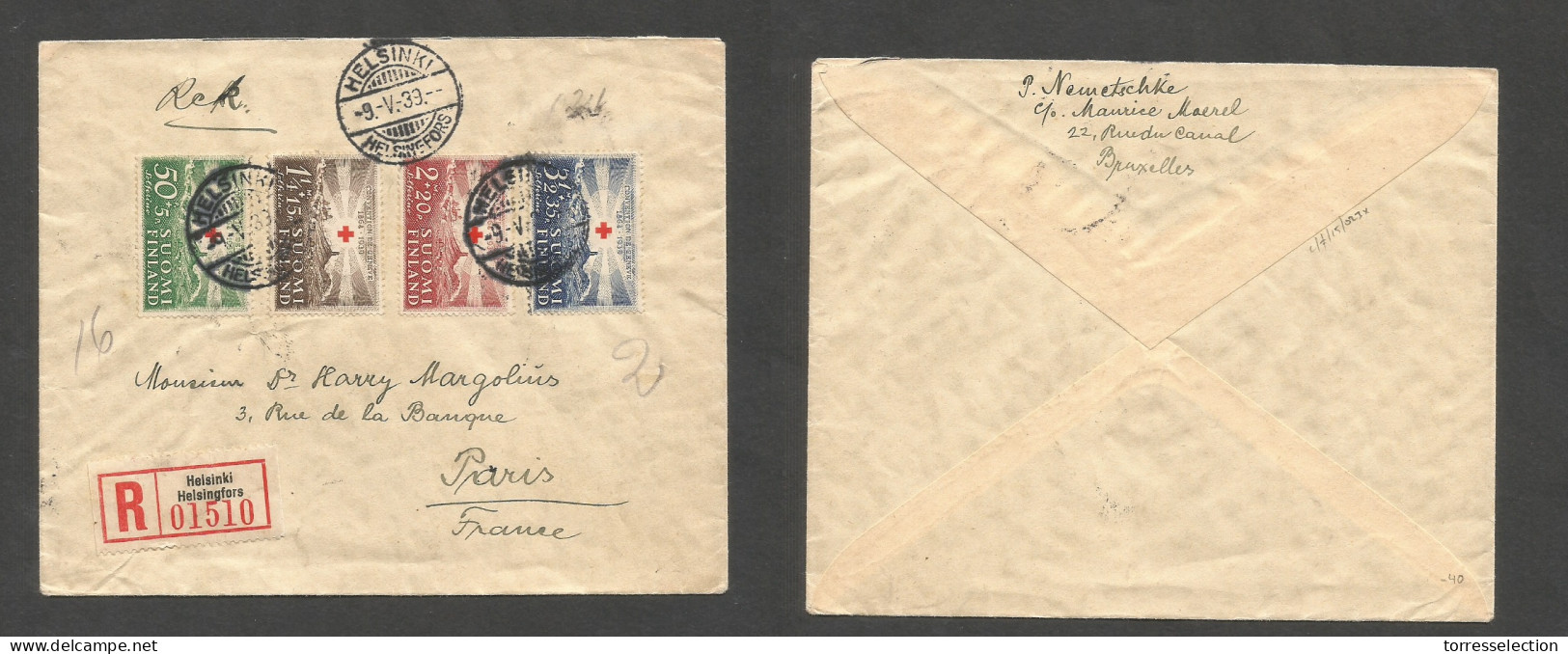 FINLAND. 1939 (9 May) Helsinki - France, Paris. Red Cross Multifkd Registered Envelope. Fine Used. SALE. - Sonstige & Ohne Zuordnung