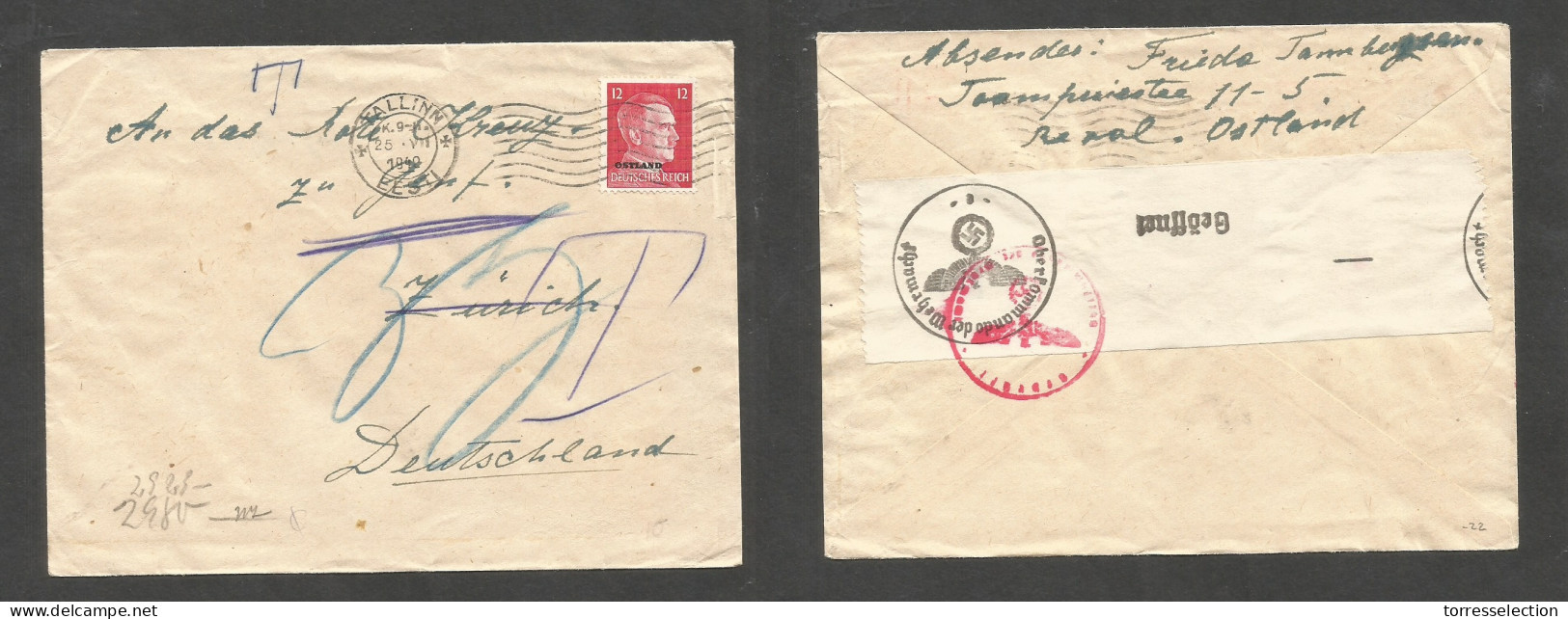 ESTONIA. 1940 (25 July) Nazi Occup. Tallinn - Switzerland, Zurich. Comercial Single Fkd Hitler Ovptd 12p Envelope Rollin - Estonia