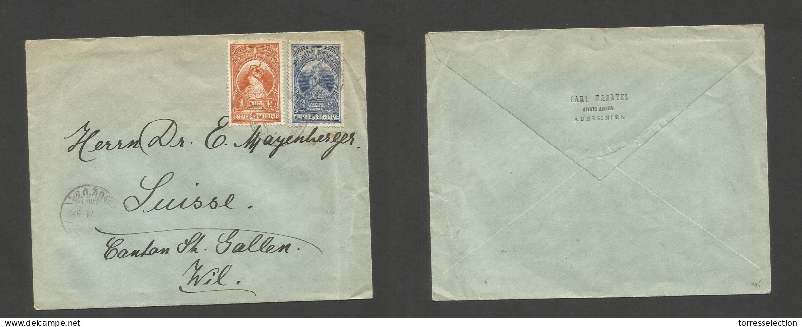 ETHIOPIA. 1932 (26 June) Addis Abeba - Switzerland, Will, St. Gullen. Multifkd Env At 3 Querches Rate, Tied Cds. Reverse - Ethiopia