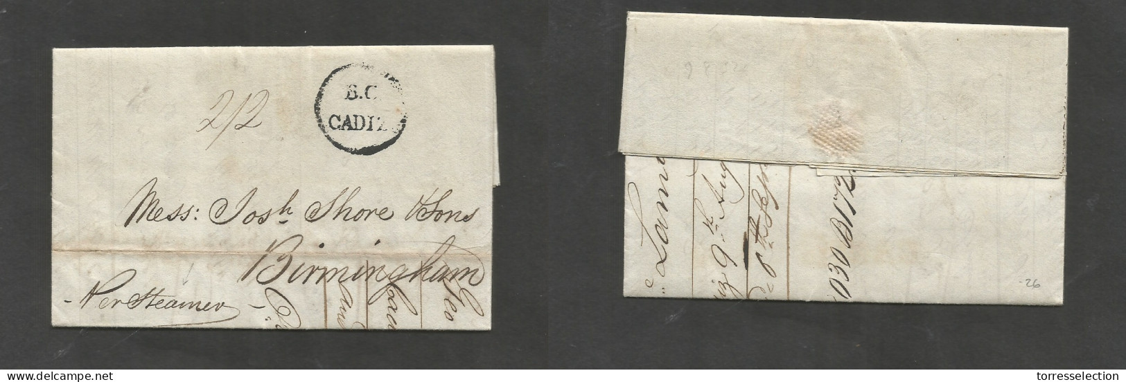 E-PREFILATELIA. 1832 (9 Agosto) Cadiz - UK, Birminghan. Carta Con Texto Via Oficina Consular Inglesa "BC / Cádiz" Mns 2s - Other & Unclassified