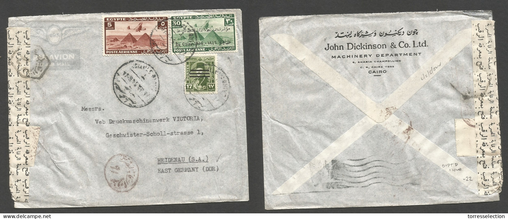 EGYPT. 1954 (27 Jan) Cairo Station - East Germany, Heidenan. Multifkd Env + Censor Depart Label. Ovptd Pyramid Air Issue - Other & Unclassified