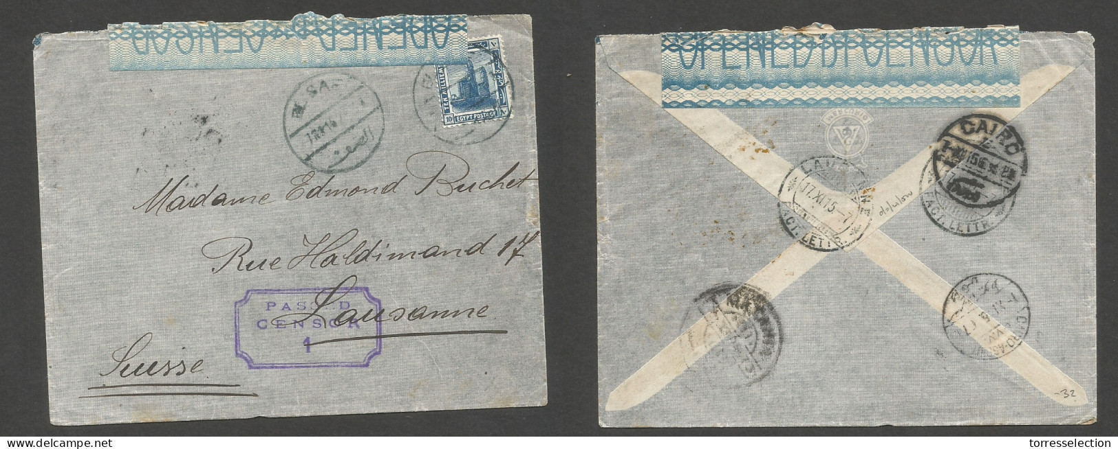 EGYPT. 1915 (1 Nov) El Safi - Switzerland, Lausanne (17 Nov) Via Cairo - Alexandria WWI Censored Fkd Env. Fine. SALE. - Autres & Non Classés