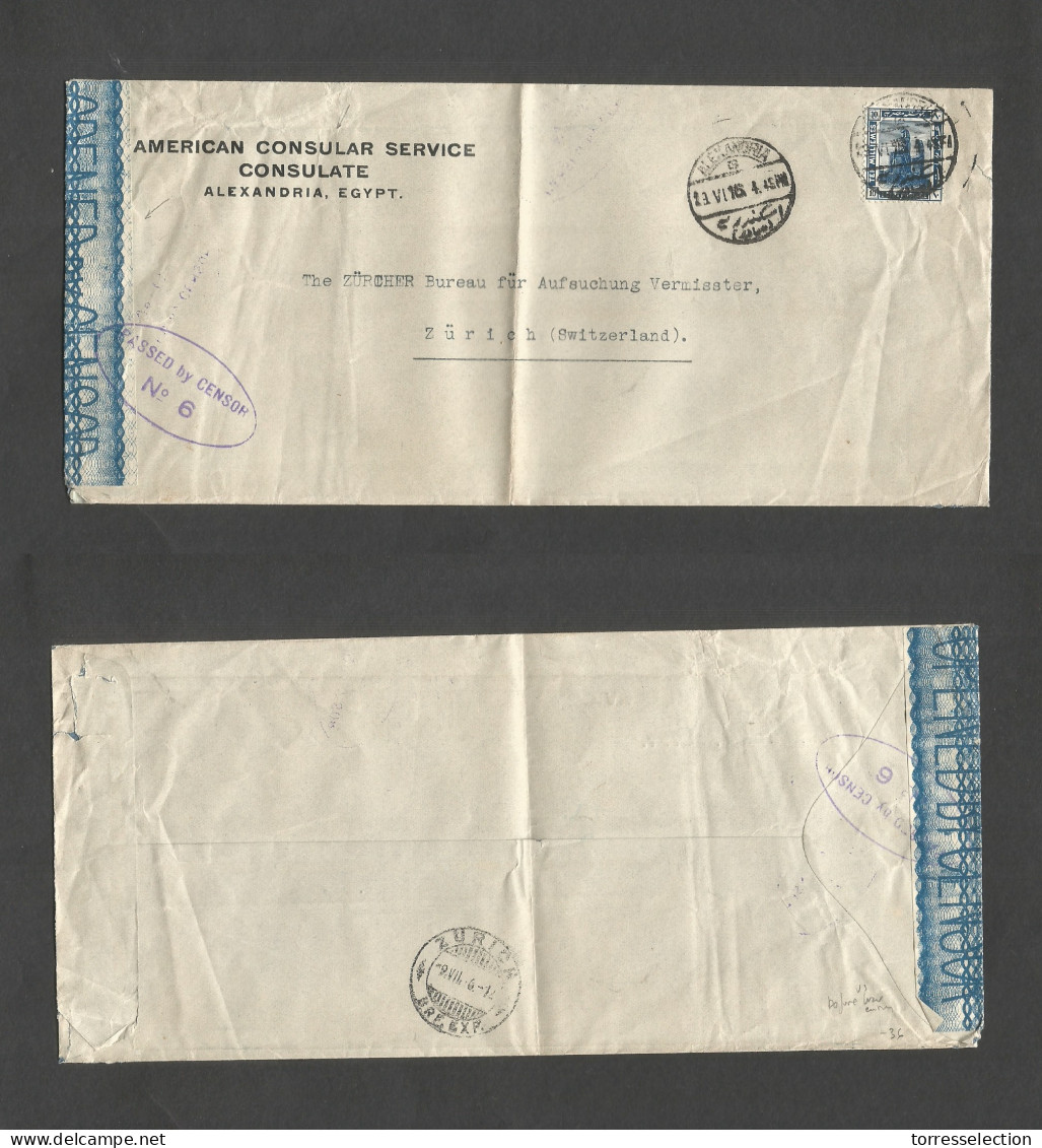 EGYPT. 1916 (19 June) WWI. American Consulate. Alexandria - Switzerland, Zurich (9 July) Fkd Legal Envelope + Censor Lab - Other & Unclassified