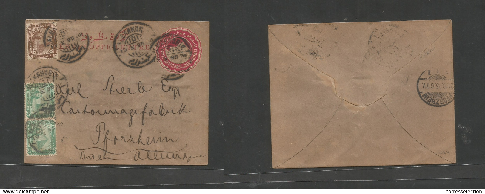 EGYPT. 1895 (19 Oct) Alexandria - Germany, Pforzheim (24 Oct) 5m Red Embossed Stationary Envelope + 3 Adtls At 10m Rate. - Sonstige & Ohne Zuordnung