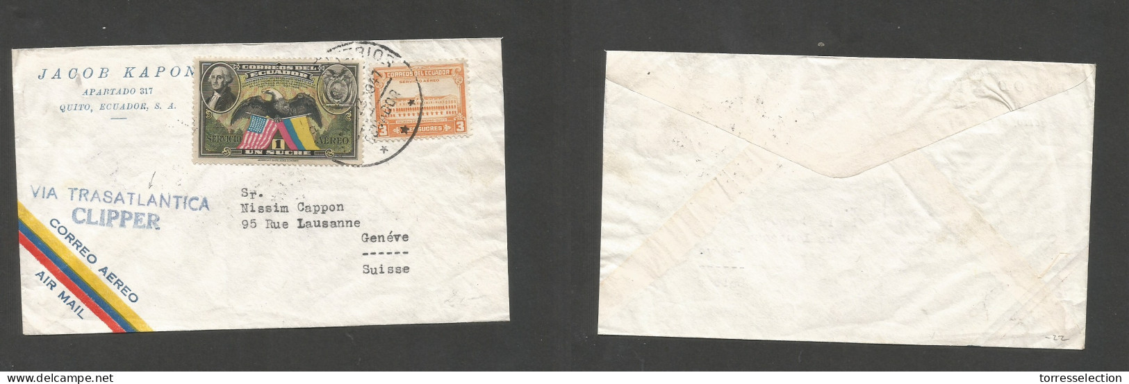 ECUADOR. 1947 (23 May) Quito - Switzerland, Geneva. "Via Transatlantic Clipper" Air Multifkd Env At 4 Sucres Rate. Flags - Equateur