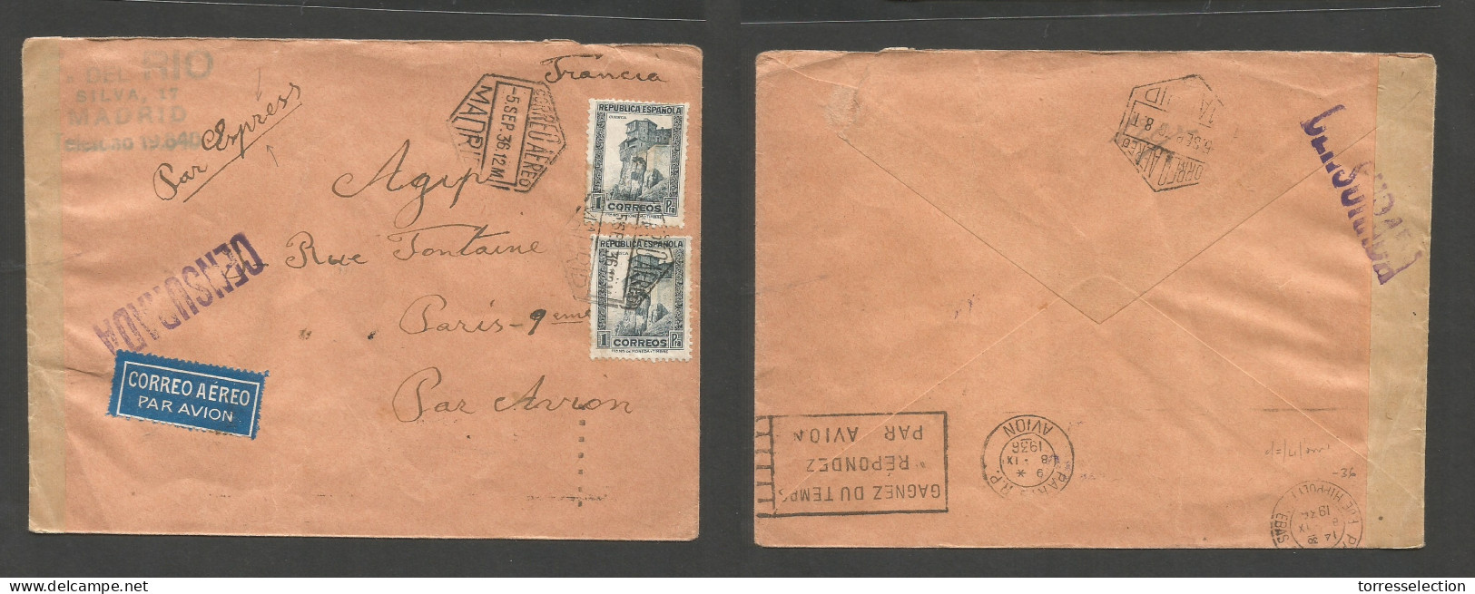 E- II REPUBLICA. 1936 (5 Sept) Madrid - Paris, Francia (8 Sept) Sobre Via Aerea Tarifa Express, Franqueo 2 Pesetas Y Cen - Sonstige & Ohne Zuordnung