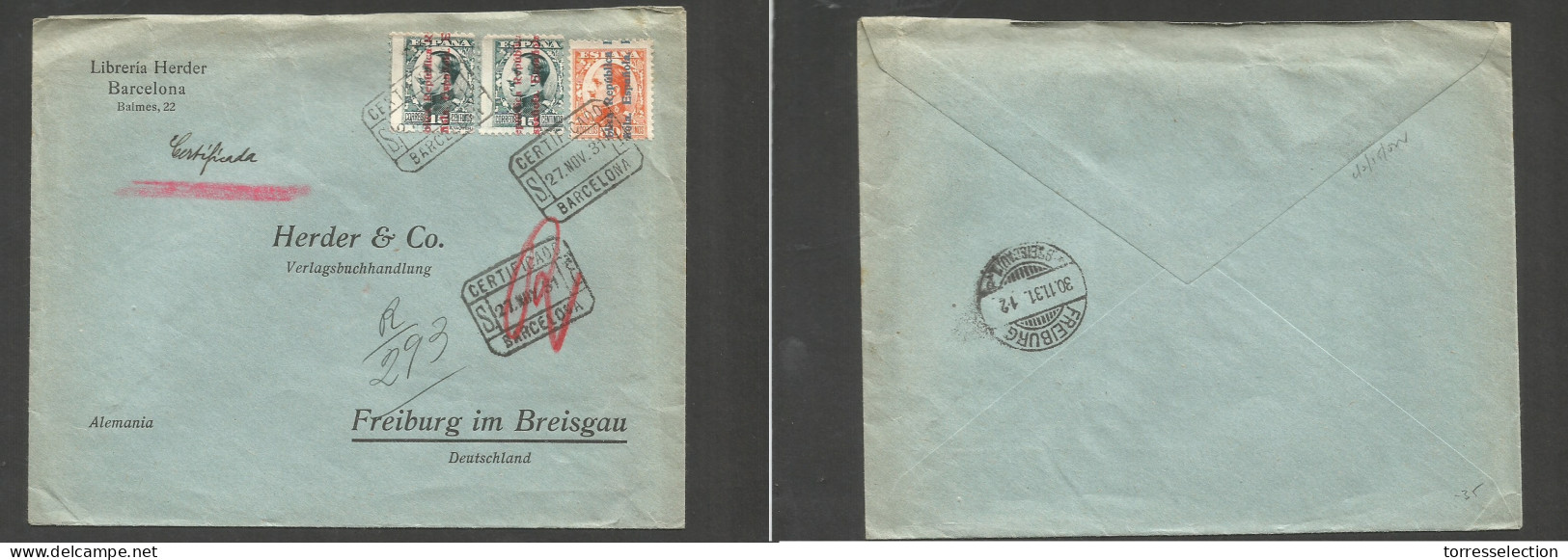 E- II REPUBLICA. 1931 (27 Nov) Barcelona - Alemania, Friburgo (30 Nov) Bonito Sobre Franqueo Multiple Emision Sobrecarga - Andere & Zonder Classificatie