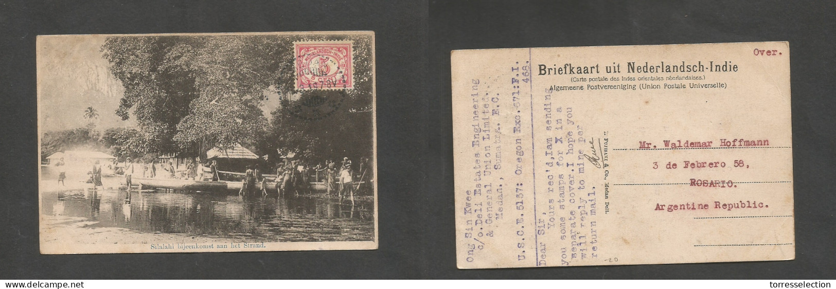 DUTCH INDIES. 1919 (March) Medan - Argentina, Rosario De Santa Fe. Fkd Ppc + Dest. SALE. - Nederlands-Indië