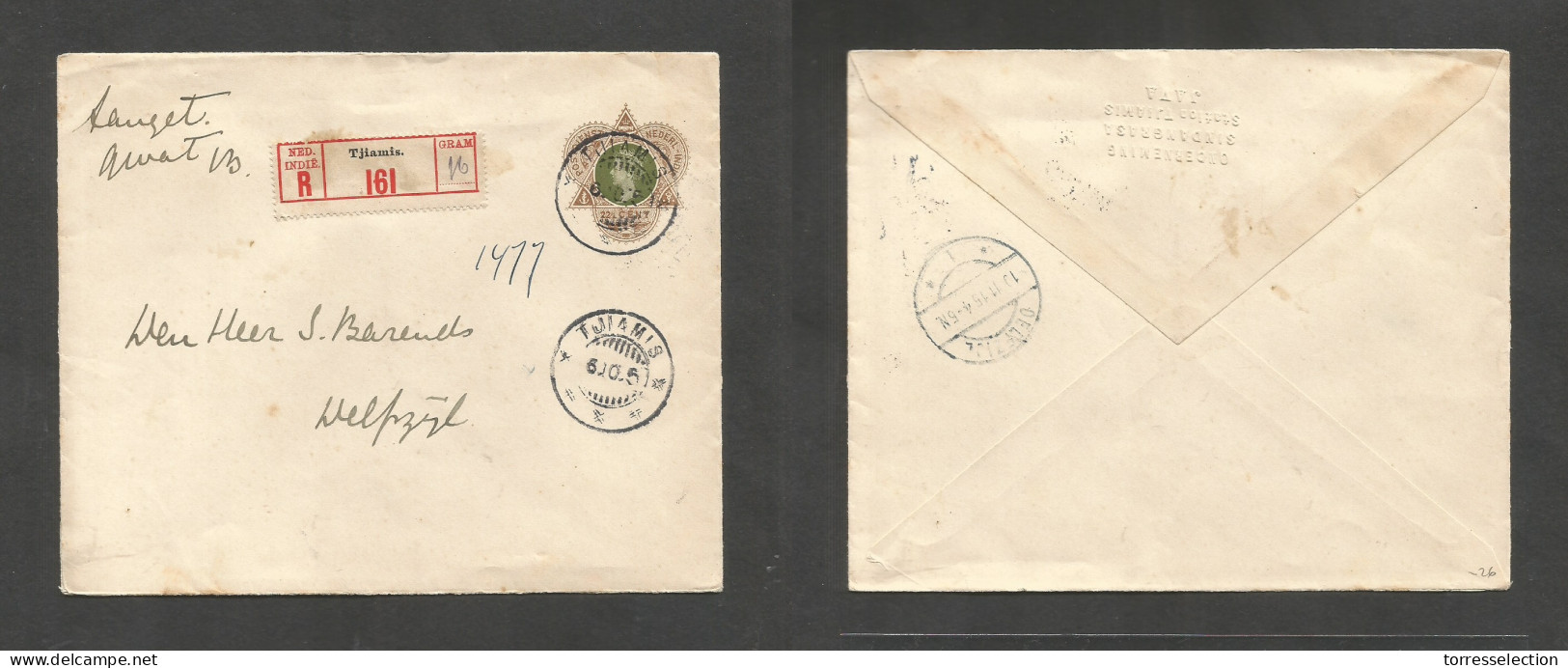 DUTCH INDIES. 1915 (6 Oct) Tjiamis - Delft, Netherlands (10 Nov) Registered 22 1/2c Bicolor Stat Env, Cds + R-label. Fin - Netherlands Indies