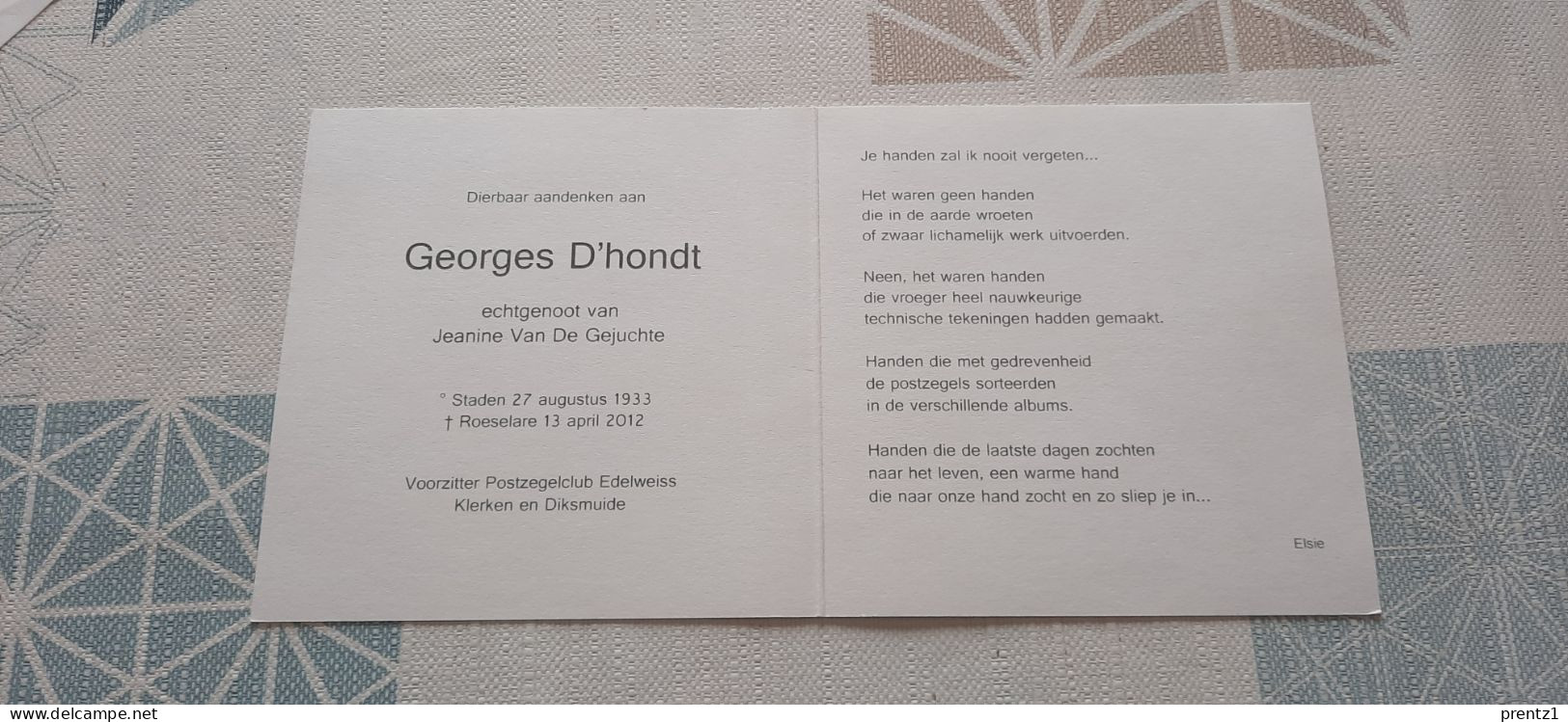 Georges D Hondt Geb. Staden 27/08/1933- Getr. J. Van De Gejuchte Gest. Roeselare 13/04/2012 - Images Religieuses