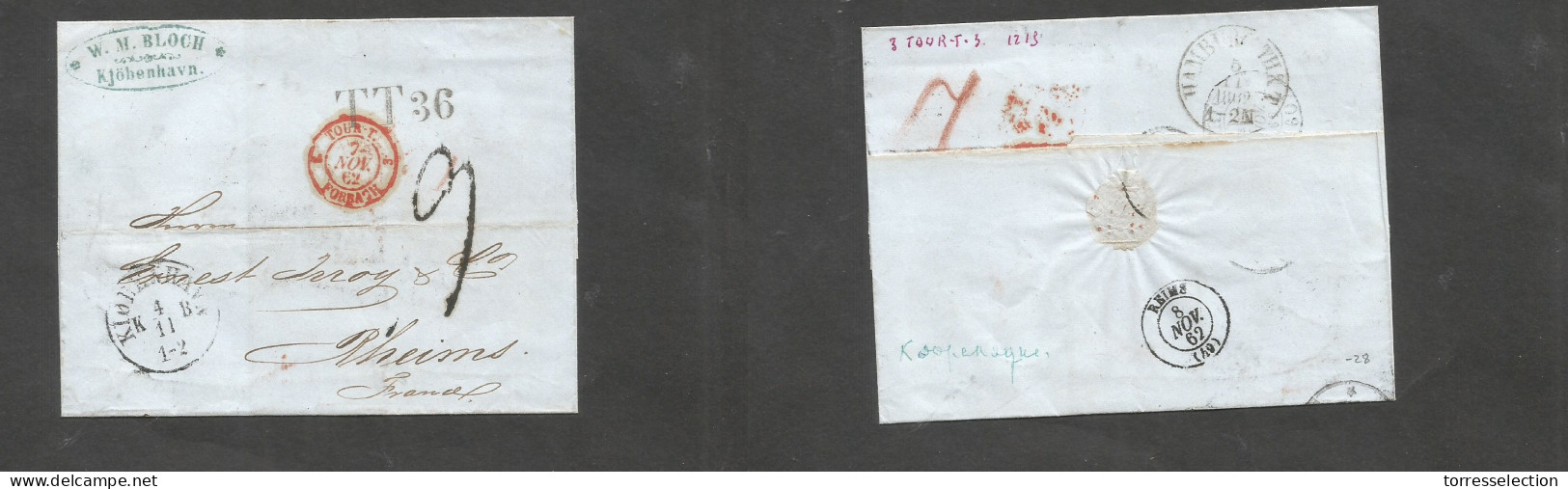DENMARK. 1862 (4 Nov) Cph - France, Rheims (8 Nov) Stampless E Front And Reverse Multifkd + Taxed Env. Via Forbach - Ham - Autres & Non Classés