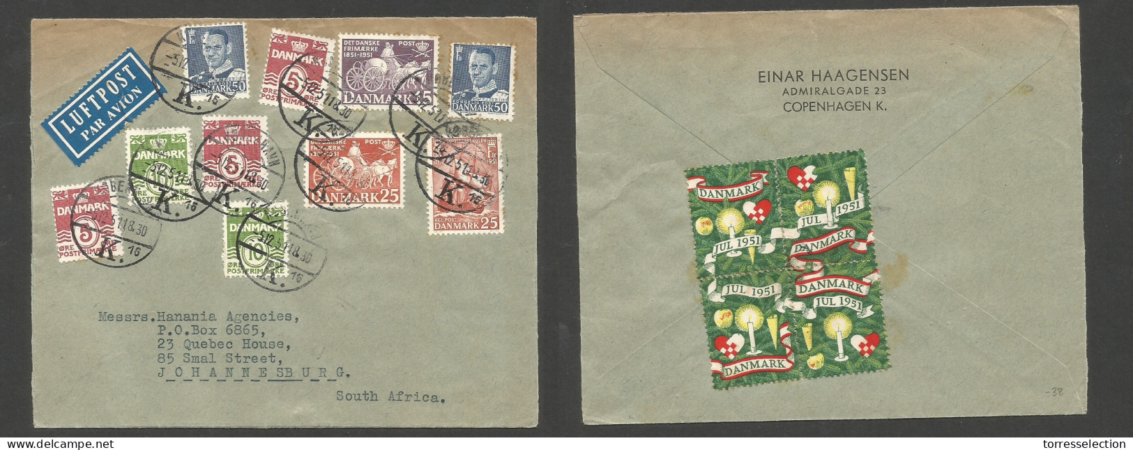 DENMARK. 1951 (5 Dec) Cph - South Africa, Joburg. Air Multifkd Env, Mixed Issues Reverse Chibus Block Of Four Label At 2 - Other & Unclassified
