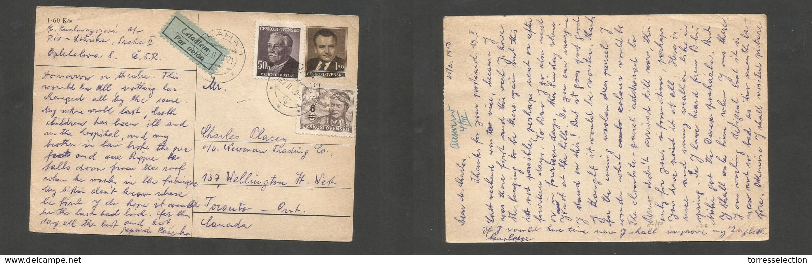 CZECHOSLOVAKIA. 1950 (25 Febr) Prague - Canada, Toronto. 1,50k Stat Card + 2 Adtl On Airmail Usage. SALE. - Other & Unclassified