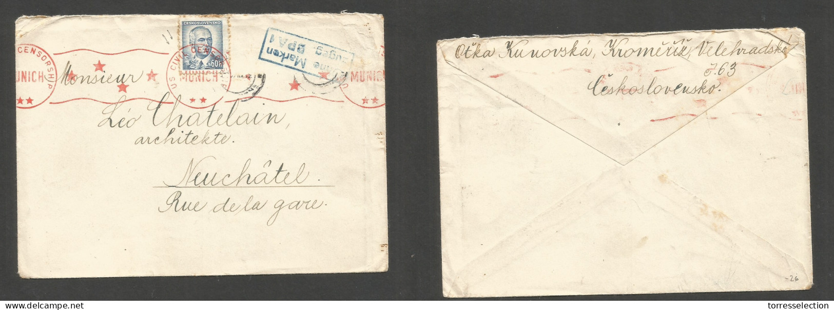 CZECHOSLOVAKIA. 1946 (31 Dec) Kromeriz - Switzerland, Neuchatel. Missin Franking Cachet + US Card. A Munich Censorship S - Andere & Zonder Classificatie