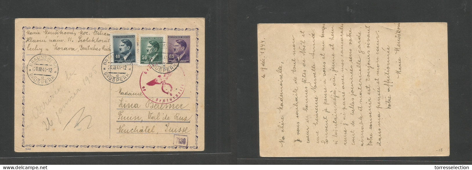 CZECHOSLOVAKIA. 1944 (20 Dec) Bohemia, Brusperk - Switzerland, Neuchatel. 60c Lilac Stat Card + 2 Adtls At 1,50 K Rate.  - Sonstige & Ohne Zuordnung