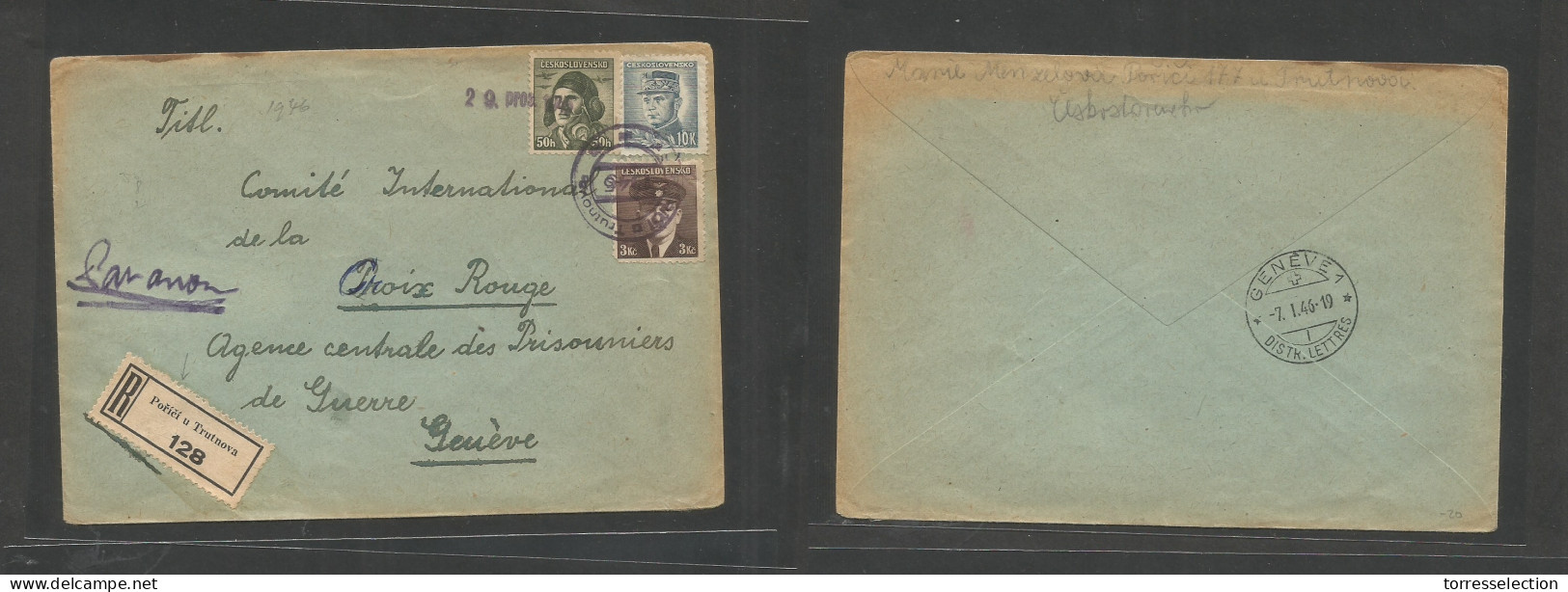 CZECHOSLOVAKIA. 1945 (29 Dec) Poriciu Trutrova - Switzerland, Geneva. Red Cross Pow Mail. Registered Mutlfikd Env. CF. S - Other & Unclassified