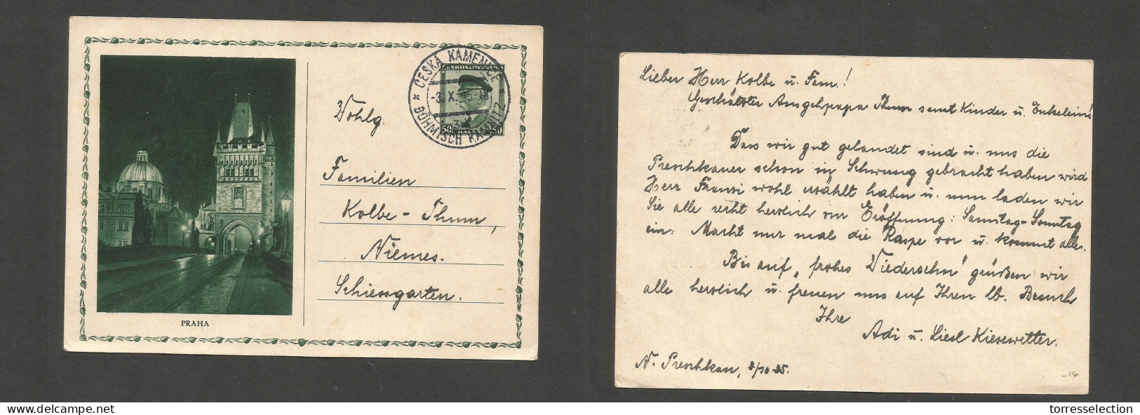 CZECHOSLOVAKIA. 1935 (3 Oct) Kamnitz - Niemes. 50h Dark Green Local Praha Illustr Stat Card, Cds. Fine. SALE. - Other & Unclassified