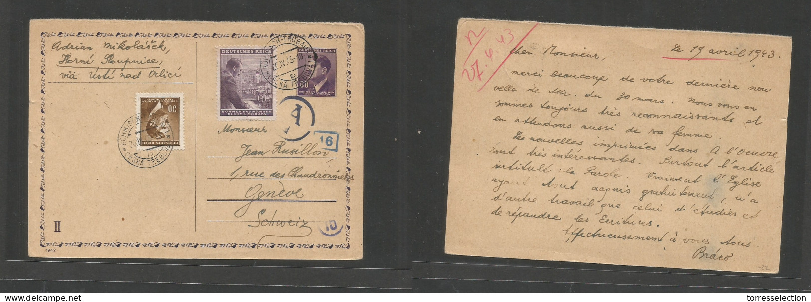 CZECHOSLOVAKIA. 1943 (20 April) Bohmisch Trubani - Switzerland, Geneva. 60c Lilac Stat Card + 2 Adtls, Tied Cds. SALE. - Autres & Non Classés