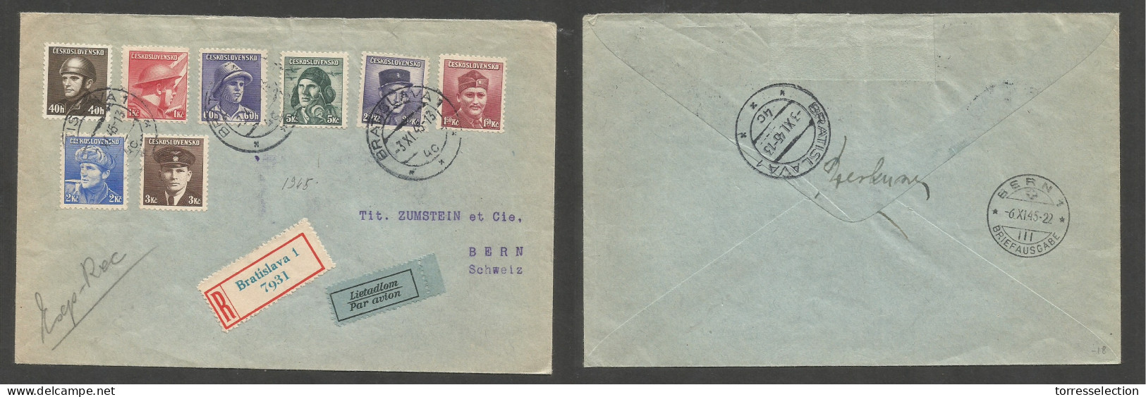 CZECHOSLOVAKIA. 1945 (3 Nov) Bratislava - Switzerland, Bern (6 Nov) Registered Air Multifkd Envleope. Diff Heroes Issue. - Sonstige & Ohne Zuordnung