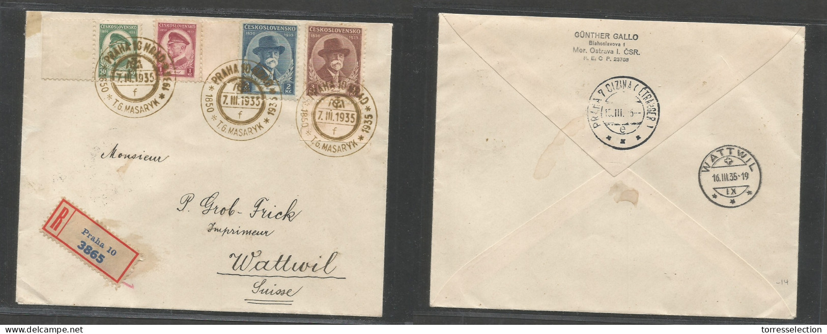 CZECHOSLOVAKIA. 1935 (7 March) Prague - Switzerland, Wattwil (16 March) Registered Multifkd Special Cachet Circulated En - Sonstige & Ohne Zuordnung