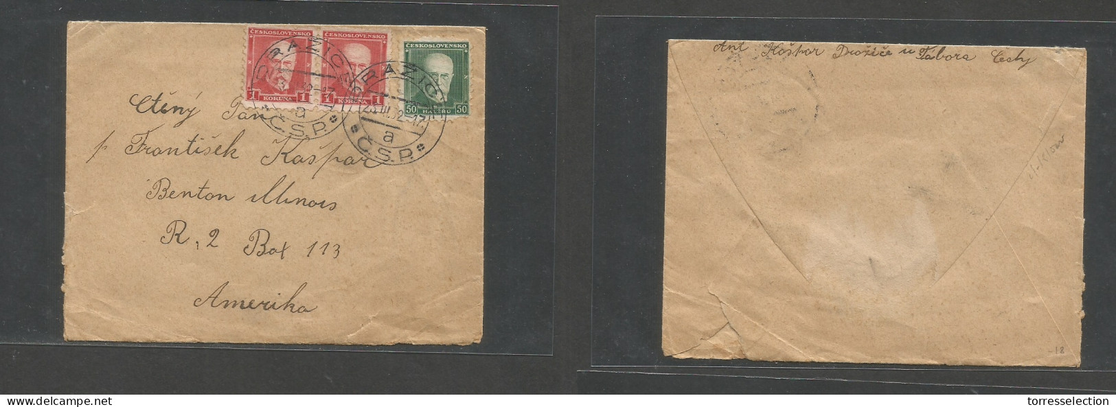 CZECHOSLOVAKIA. 1932 (23 March) Drazice - USA, Benton, Ill. Emigrant Multifkd Env At 2,50kr Rate. VF, Tied Cds Small Tow - Other & Unclassified