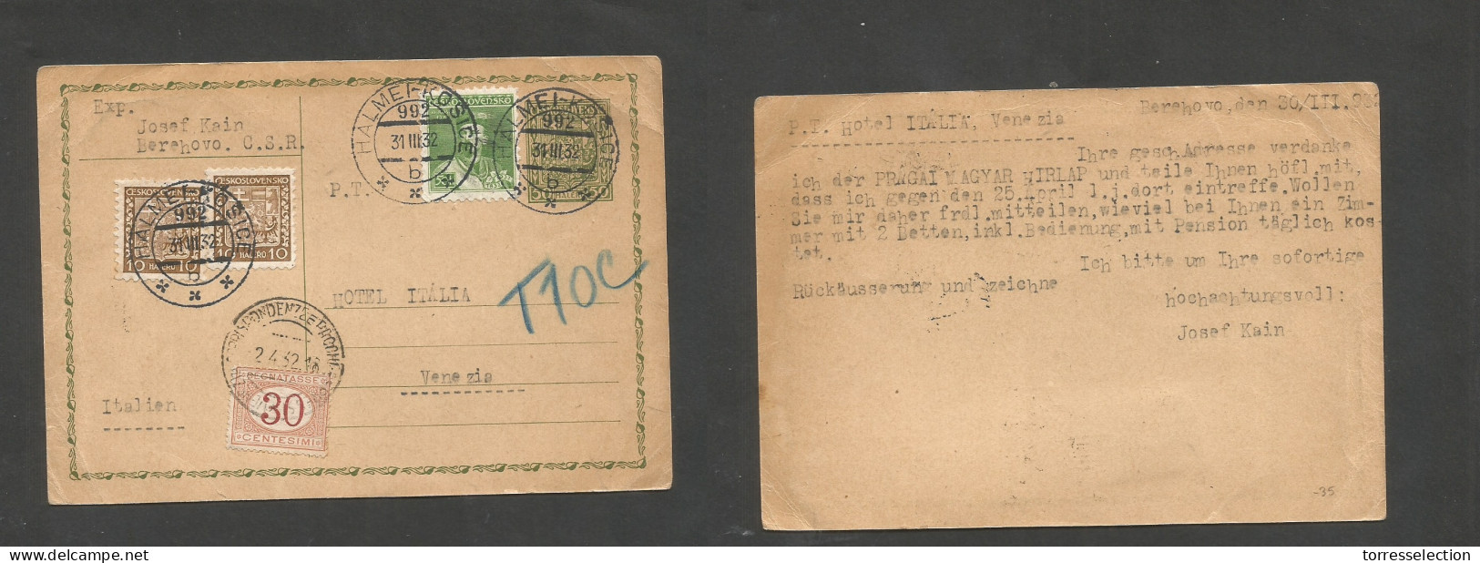 CZECHOSLOVAKIA. 1932 (31 March) Halmer Kusice - Italy, Venezia (24 April) Multifkd 50h Green Stat Card + Taxed + Italian - Altri & Non Classificati