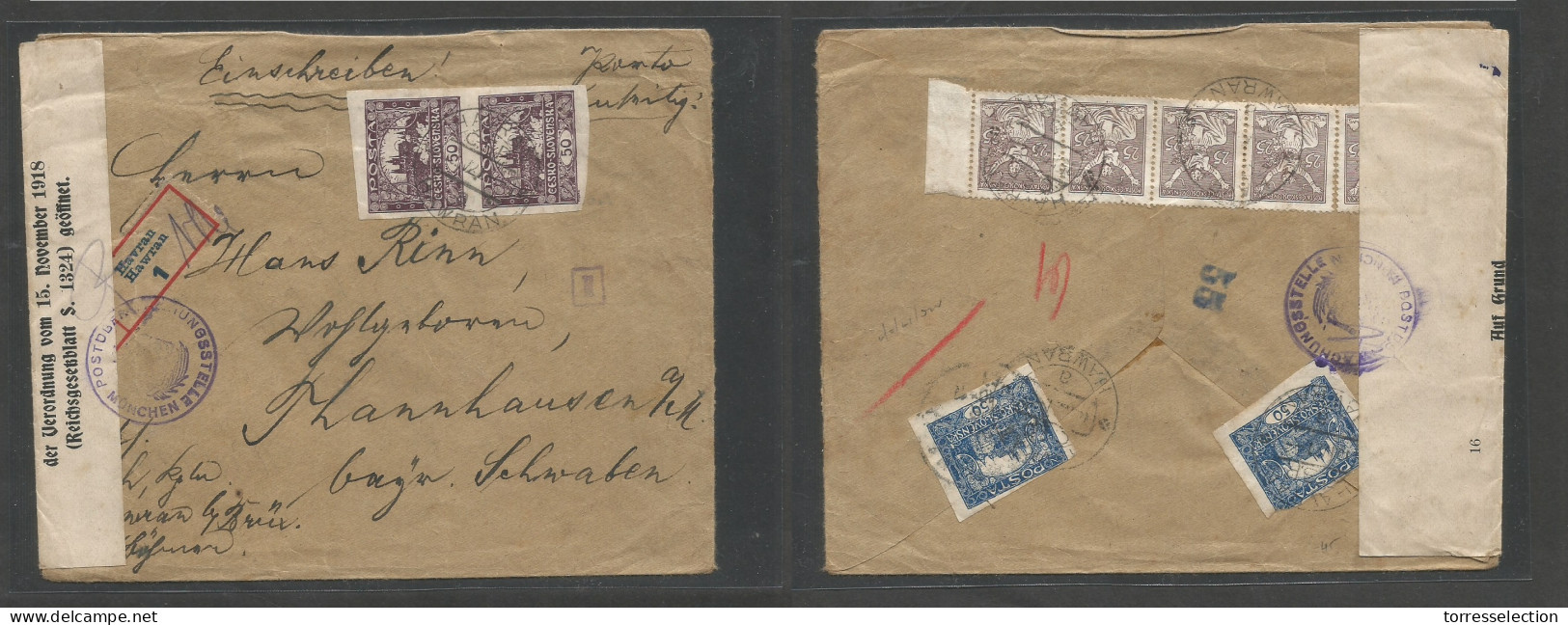 CZECHOSLOVAKIA. 1921 (15 Apr) Hawran - Thannhausen, Germany. Registered Multifkd Front And Reverse, Finanz Censorship. M - Andere & Zonder Classificatie
