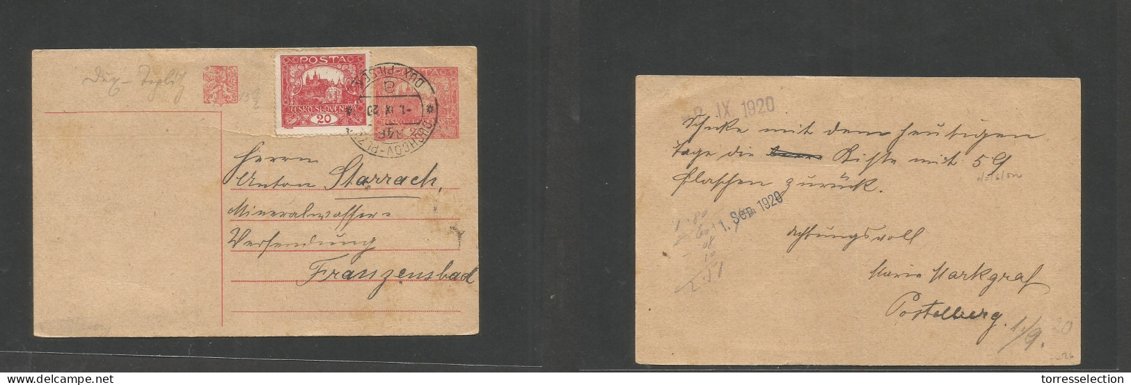CZECHOSLOVAKIA. 1920 (1 Sept) Duchcor Plz - Franzensbad (11 Sept) 20c Rose Stat Card + Adtl Cds. VF Cds. SALE. - Other & Unclassified