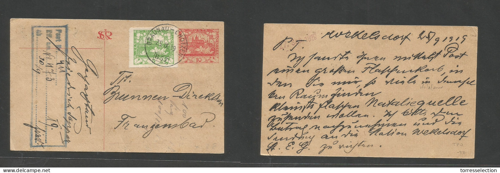 CZECHOSLOVAKIA. 1919 (25 Sept) Braunau Chotzen - Franzenbad, Germany. 10h Red Stat Card + 5h Adtl, Tied TPO. VF. SALE. - Other & Unclassified