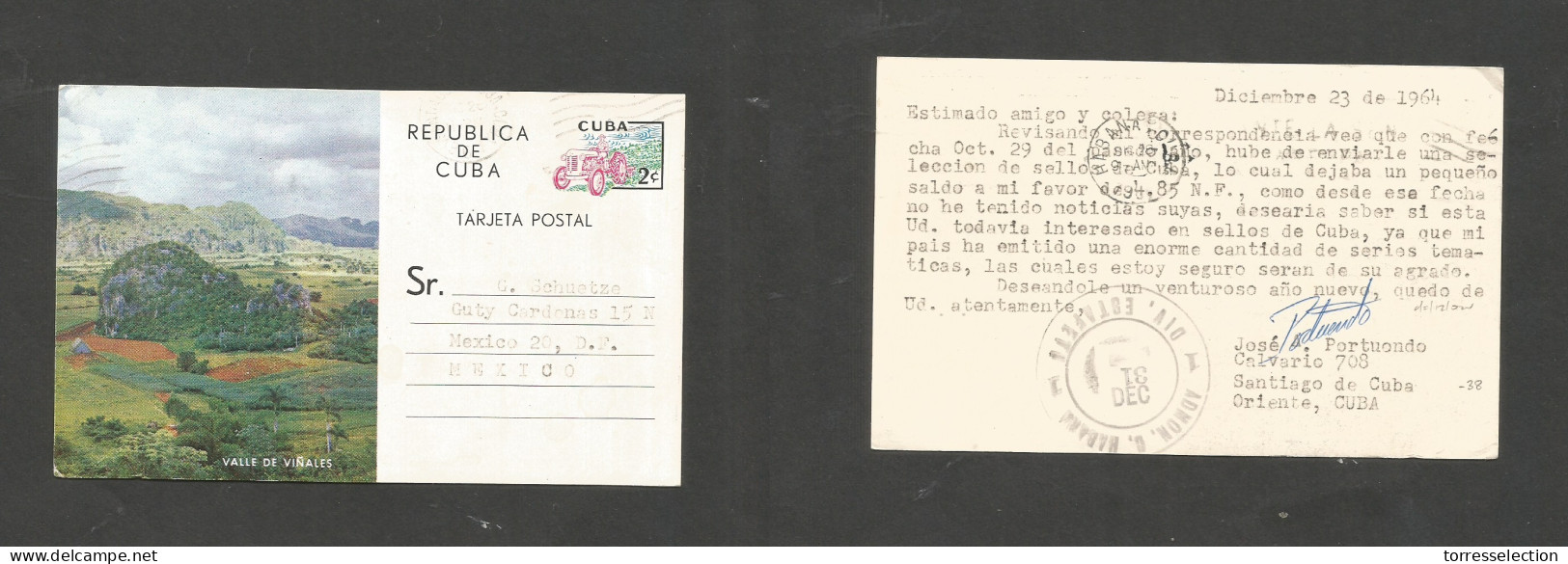 CUBA. 1964 (23 Dec) Santiago, Oriente - Mexico DF. Entero Postal 2c Illustrado Reforma Agraria. Transito Al Dorso. Muy E - Autres & Non Classés