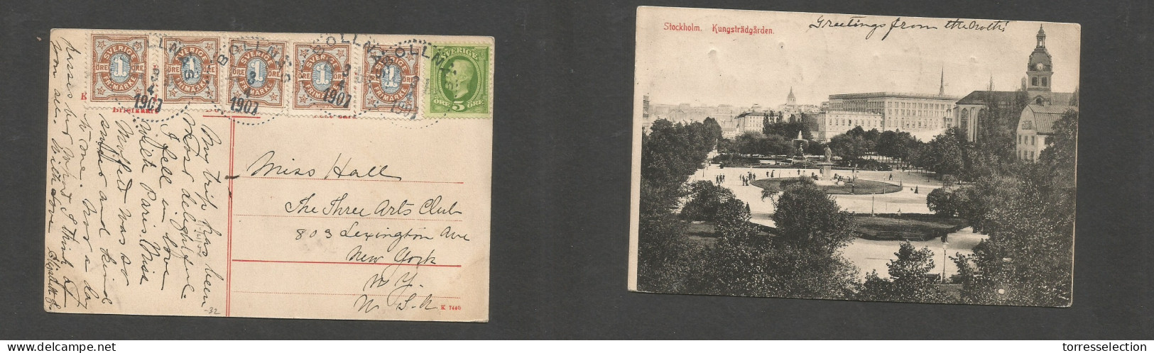 SWEDEN. 1907 (3 April) Bollnas - USA, NYC. Multifkd Ppc A 10 Ore Rate, Cds. Appealing Usage. SALE. - Other & Unclassified
