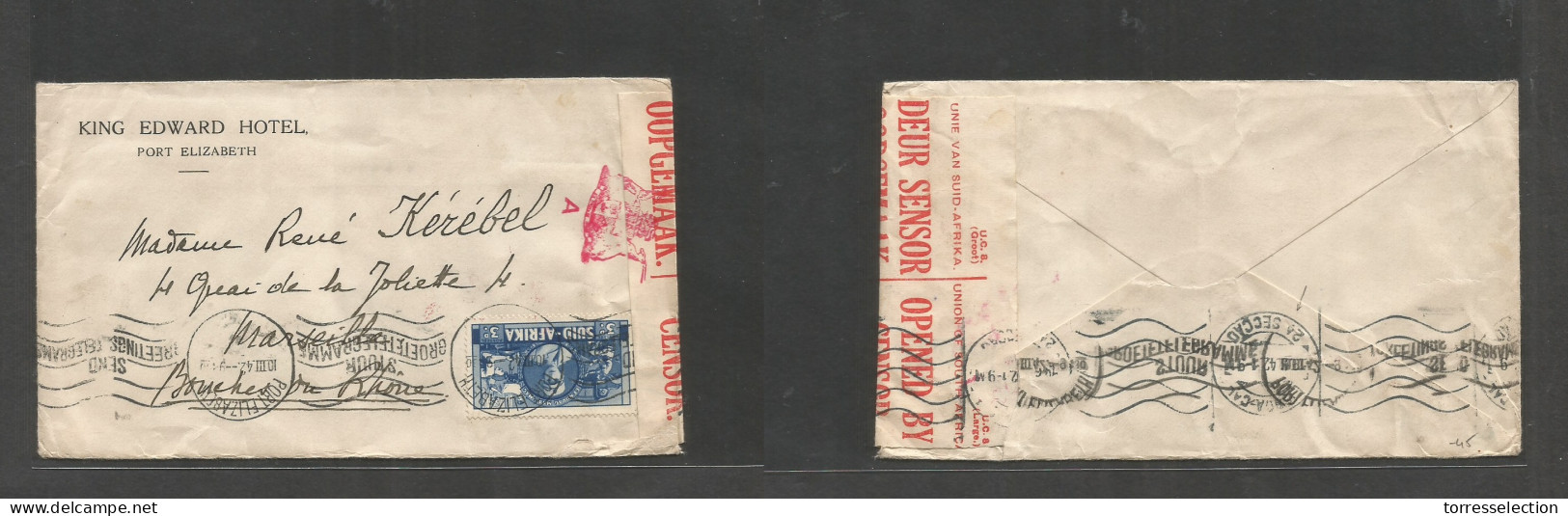 SOUTH AFRICA. 1942 (10 March) Port Elisabeth - France, Marseille. King Edward Hotel Fkd Envelope. Depart Censored Via Li - Otros & Sin Clasificación
