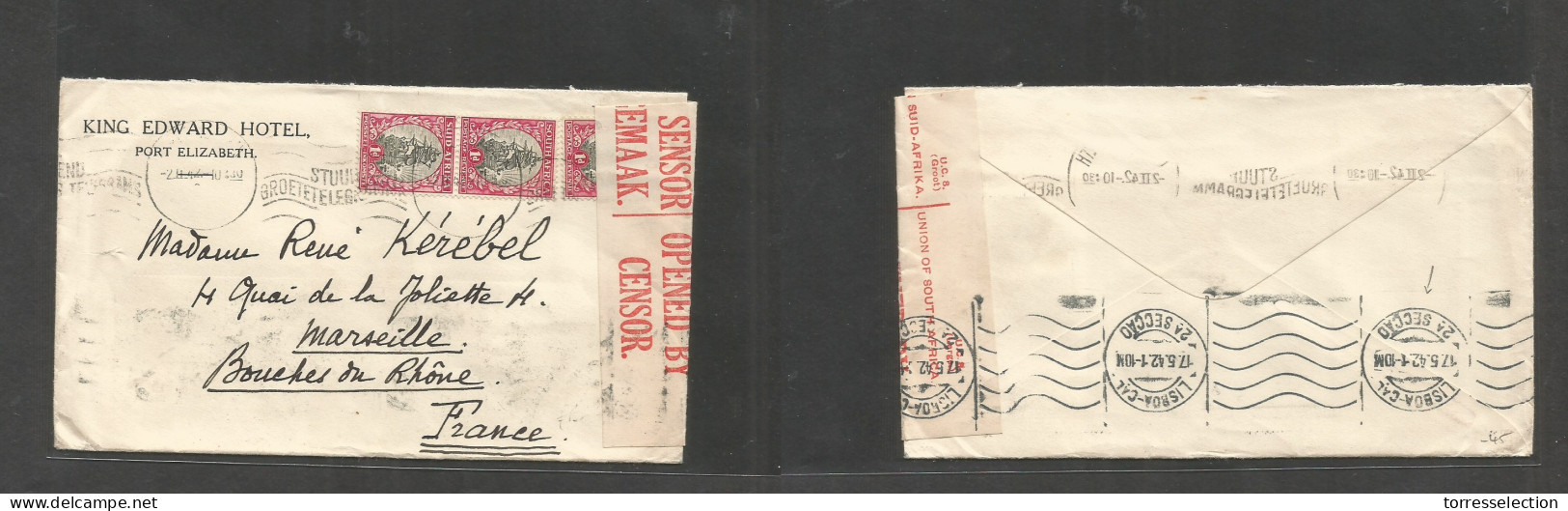 SOUTH AFRICA. 1942 (2 Febr) Port Elisabeth - France, Marseille. Petain Regime. Multifkd Env, South Africa Censor Label V - Autres & Non Classés