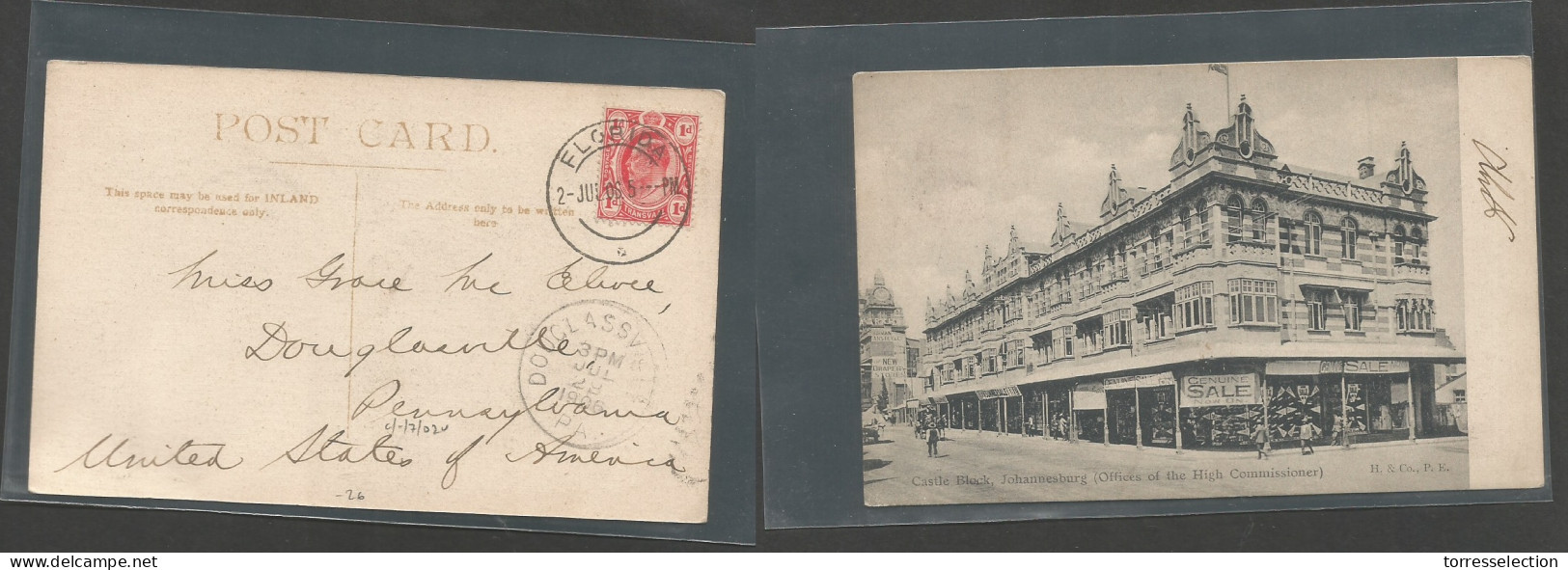 SOUTH AFRICA. 1908 (2 July) Transvaal. Florida - USA, PA. Douglasville (22 July) 1d Fkd Ppc Street With Shops. SALE. - Otros & Sin Clasificación