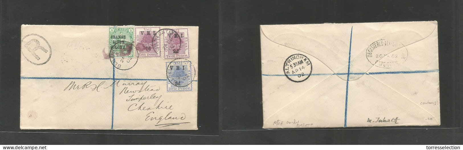 SOUTH AFRICA. 1902 (24 March) VRI, ORC. Bloemfontain - England, Altringhan (14 Apr) Via Cape. Registered Multifkd Ovptd  - Other & Unclassified