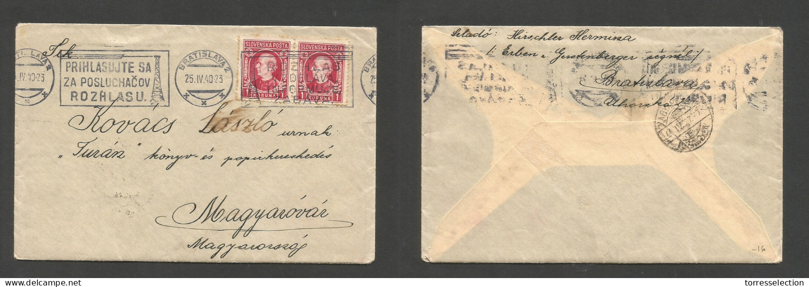 SLOVAKIA. 1940 (25 April) Bratislava - Hungary, Maguarovga. Multifkd Env, Slogan Cachet. Unsealed With Country. Interest - Other & Unclassified