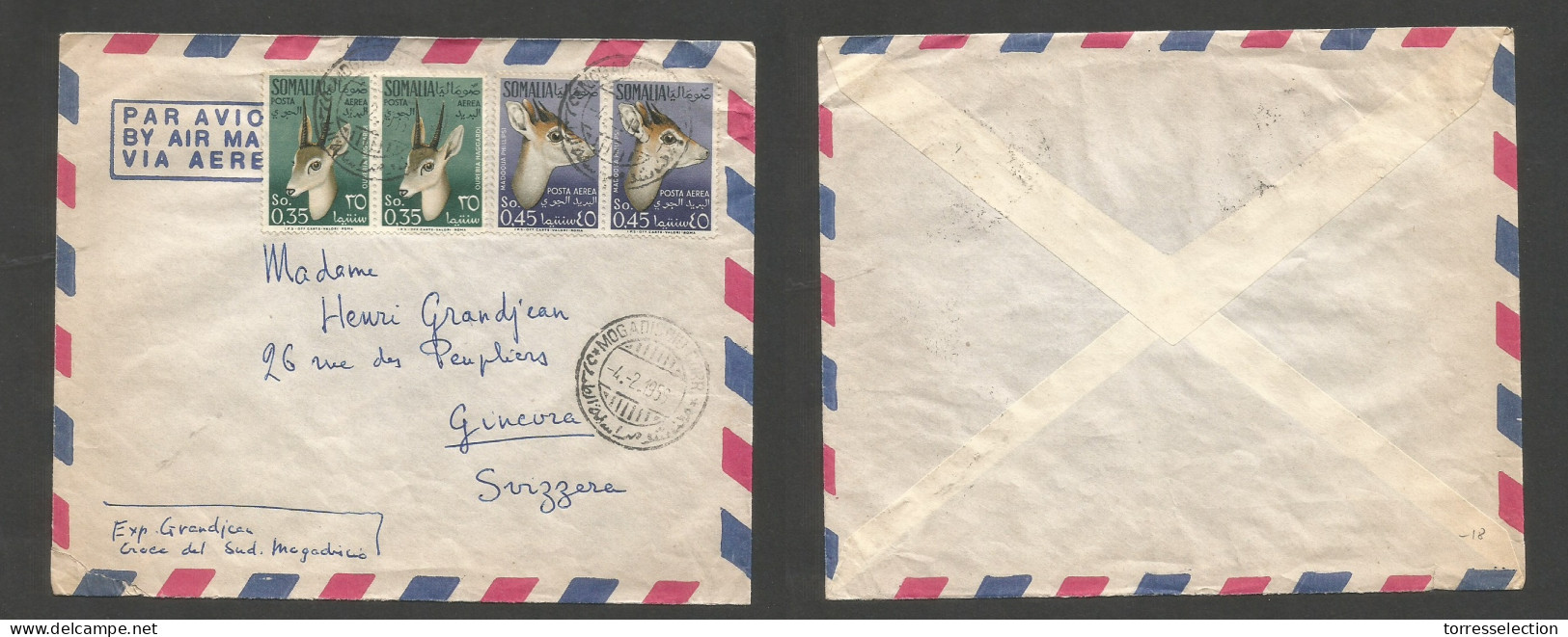 SOMALIA. 1956 (4 Feb) Mogadiscio - Switzerland, Geneva. Air Multifkd Fauna Issue Envelope, Tied Cds. XF. SALE. - Somalia (1960-...)