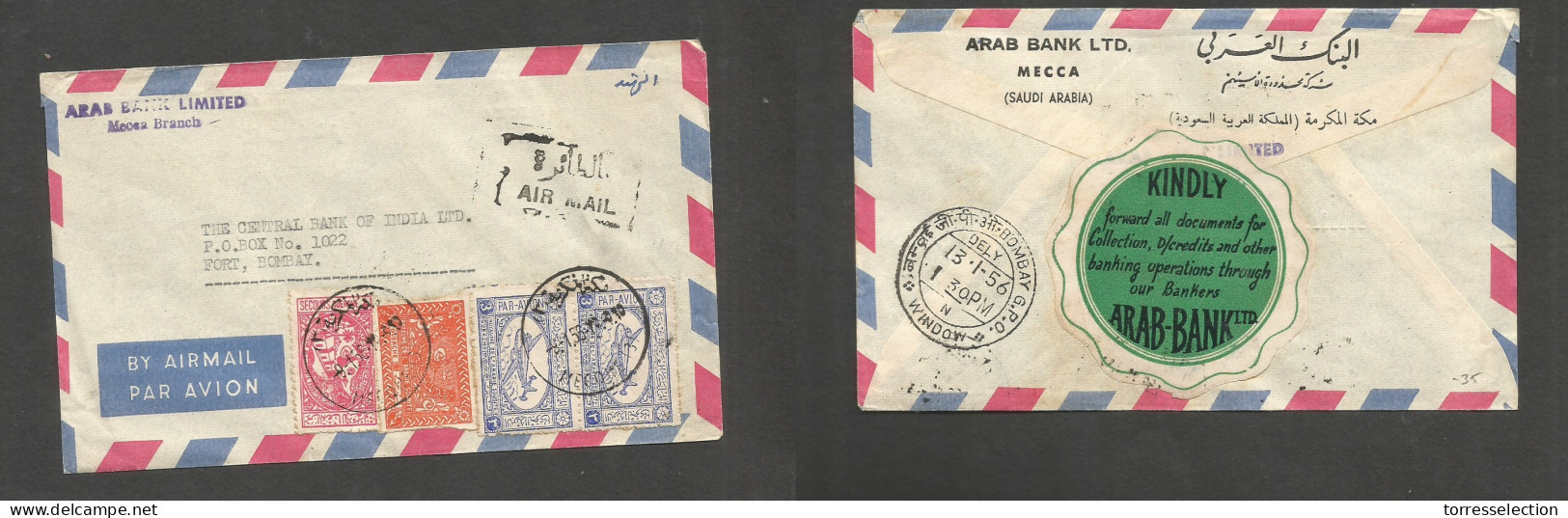 SAUDI ARABIA. 1956 (9 Jan) Mecque - India, Bombay (13 Jan 56) Air Multifkd Env, Reverse Comercial Color Sealing Label +  - Saudi Arabia