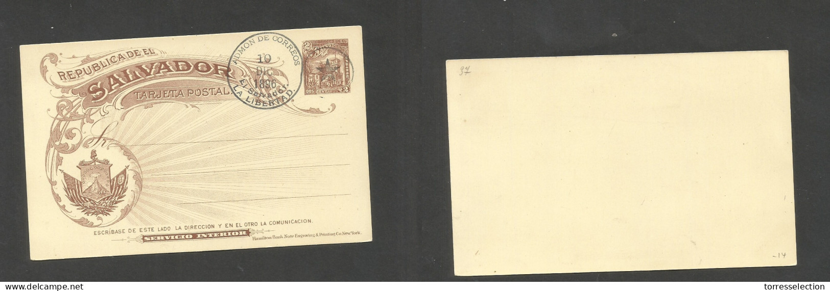 SALVADOR, EL. 1896 (10 Dec) 2c Lilac Precancelled (specimen) Stat Card. Servicio Interior. Fine Item + Scarce. SALE. - Salvador
