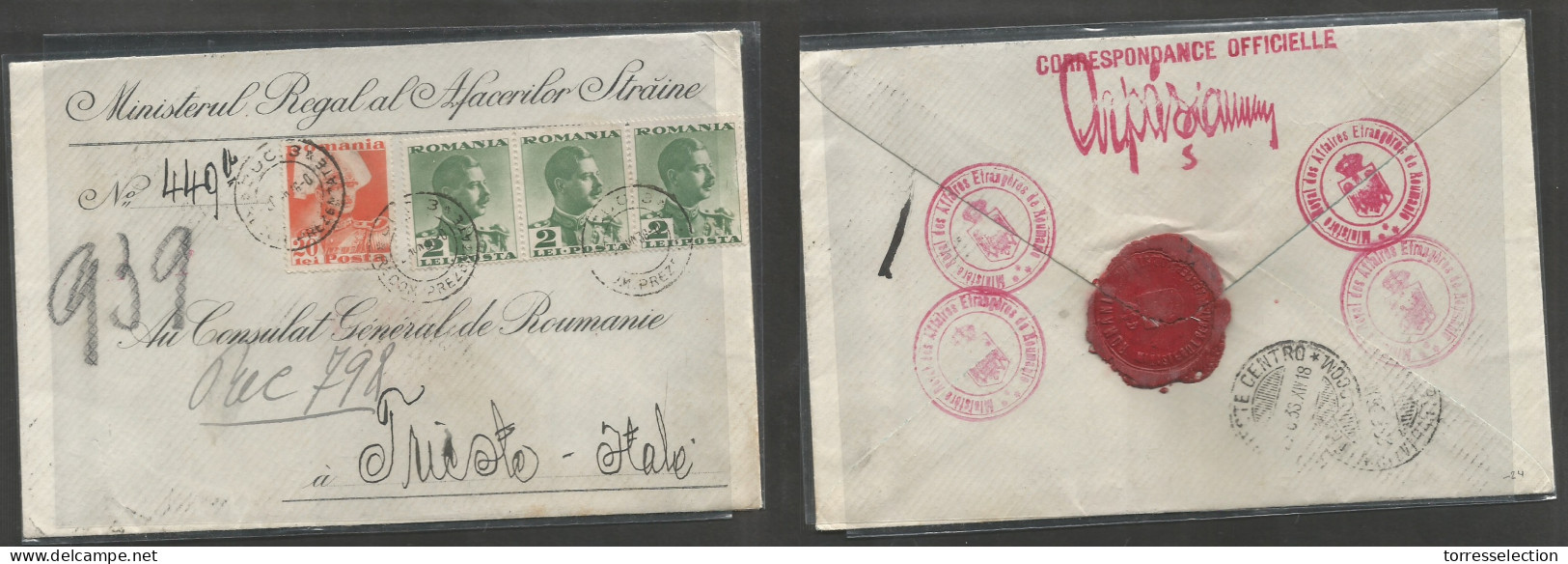 ROMANIA. 1936 (28 June) Bucarest - Triest, Italy (28 June) Official Mail. Registered Multifkd Envelope, At 26 Lei Rate.  - Andere & Zonder Classificatie