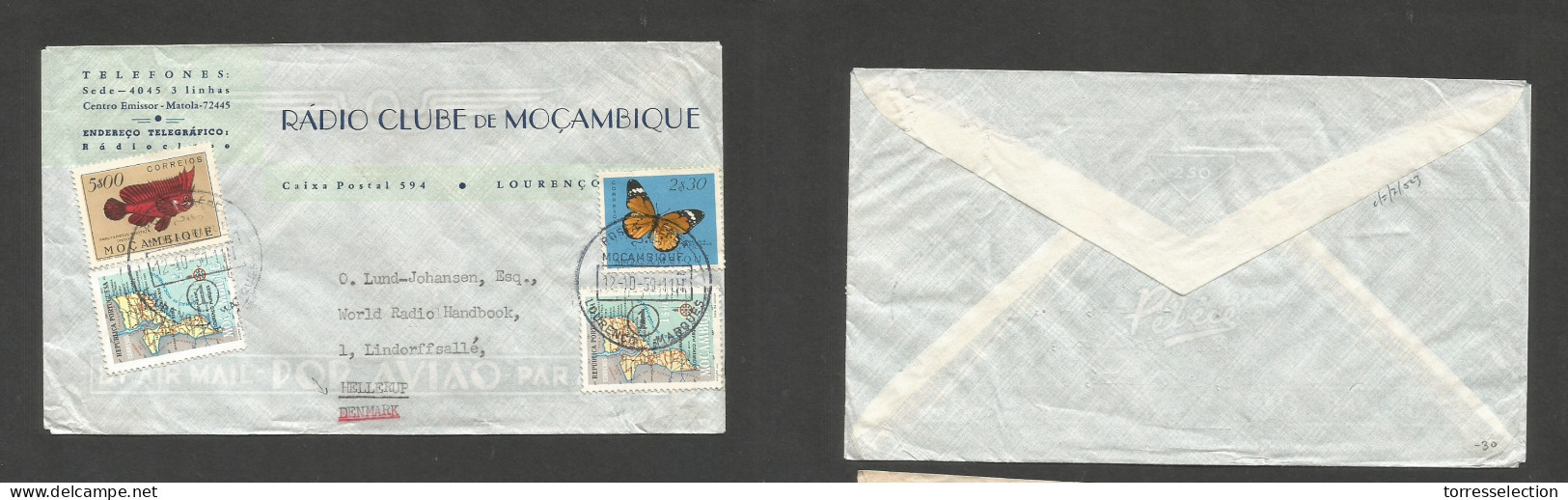 PORTUGAL-MOZAMBIQUE. 1959 (12 Oct) L. Marques - Denmark, Hellerup. Comercial Radio Clube Multifkd Env. Butterflies + Map - Andere & Zonder Classificatie