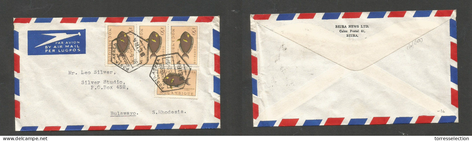 PORTUGAL-MOZAMBIQUE. 1952 (30 June) Beira - Rhodesia, Bulawayo. Air Multifkd Env. Fish Issue, At 2 Esc Rate, Tied Hexag  - Otros & Sin Clasificación