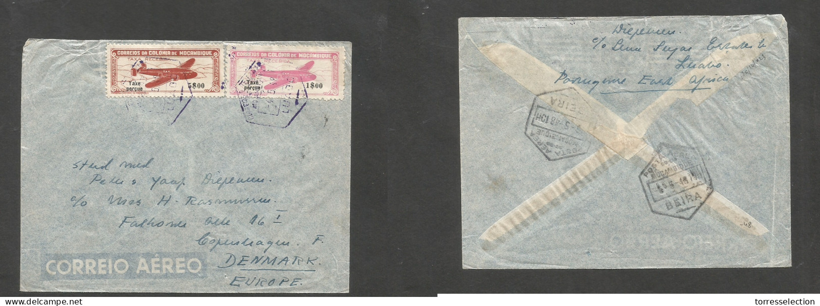 PORTUGAL-MOZAMBIQUE. 1948 (4 May) Luabo - Denmark, Cph. Air Labels. Multifkd Env At 6 Esc Rate Tied Violet Origin Villag - Other & Unclassified