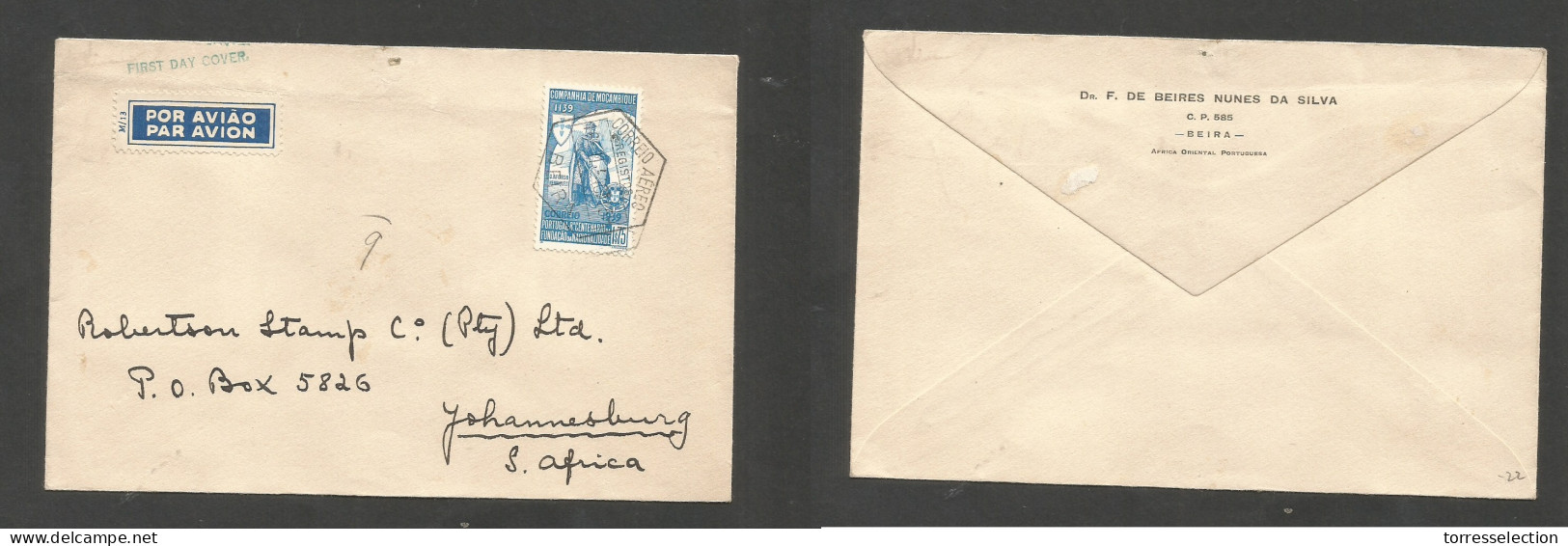 PORTUGAL-MOZAMBIQUE. 1940 (15 Nov) Beira - South Africa, Joburg. Air Single 1,75 Esc Fkd Env, Tied Ds. Fine. Scarce Item - Other & Unclassified