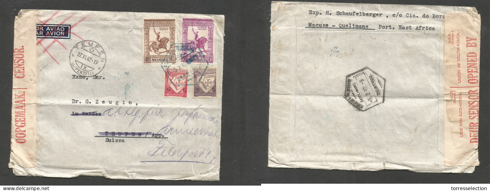 PORTUGAL-MOZAMBIQUE. 1942 (5 Feb) Macuse - Switzerland, Teufen (27 June) Air Multifkd Env Via S. African Censored. Fine  - Otros & Sin Clasificación