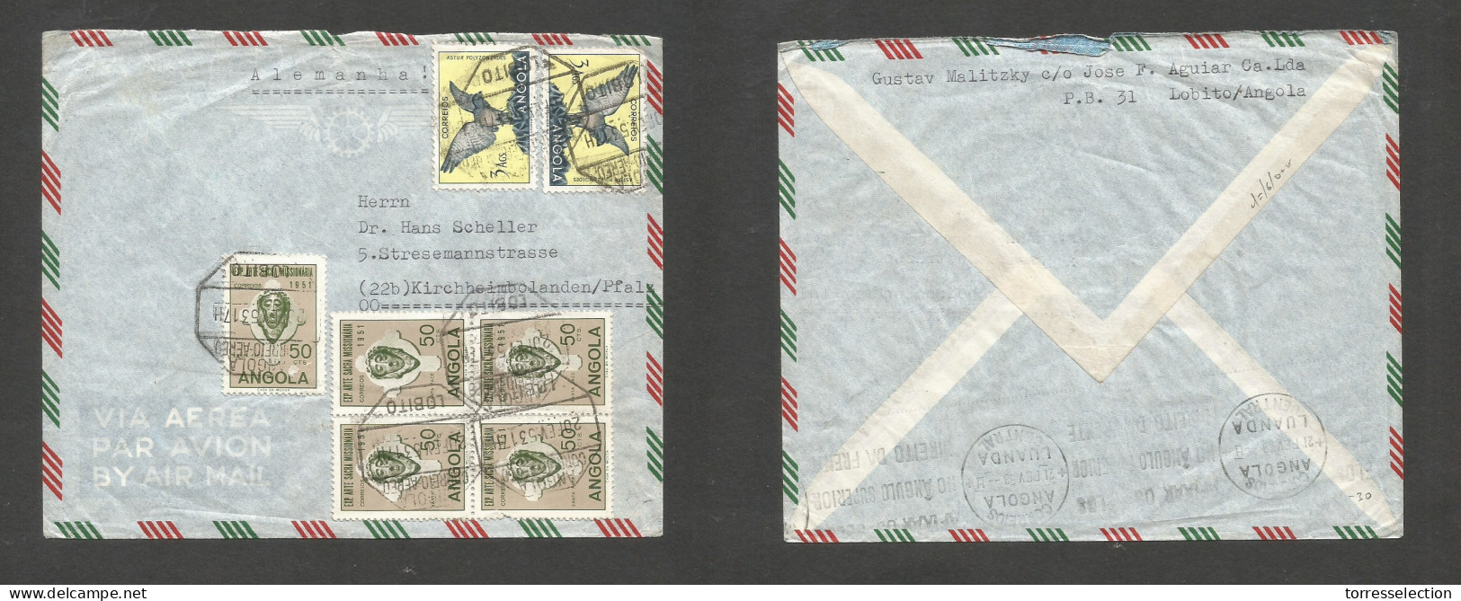 PORTUGAL-ANGOLA. 1953 (20 Febr) Lobito - Germany, Pfalz. Air Multifkd Env Tied Octogonal Ds. Birds At 8,50 Esc Rate. SAL - Other & Unclassified
