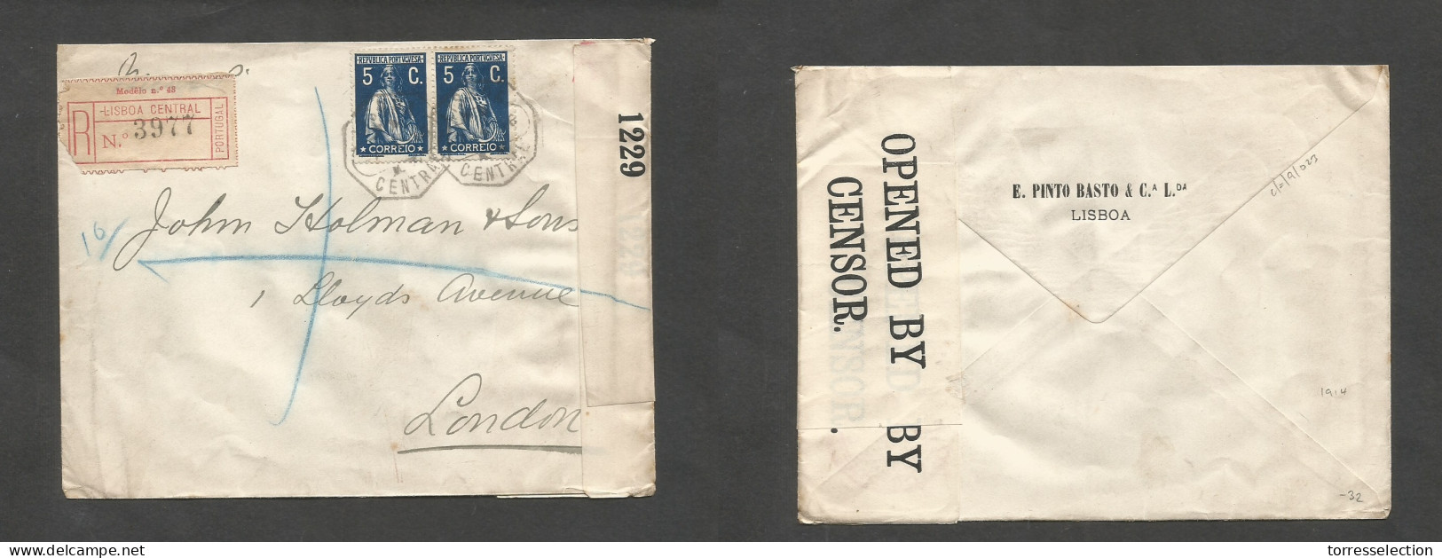 Portugal - XX. C. 1915. Lisboa - London, UK. Registered 10c Rate Ceres Early Matt Paper Perf 15x14 Horiz Pair. Tied Ds + - Autres & Non Classés
