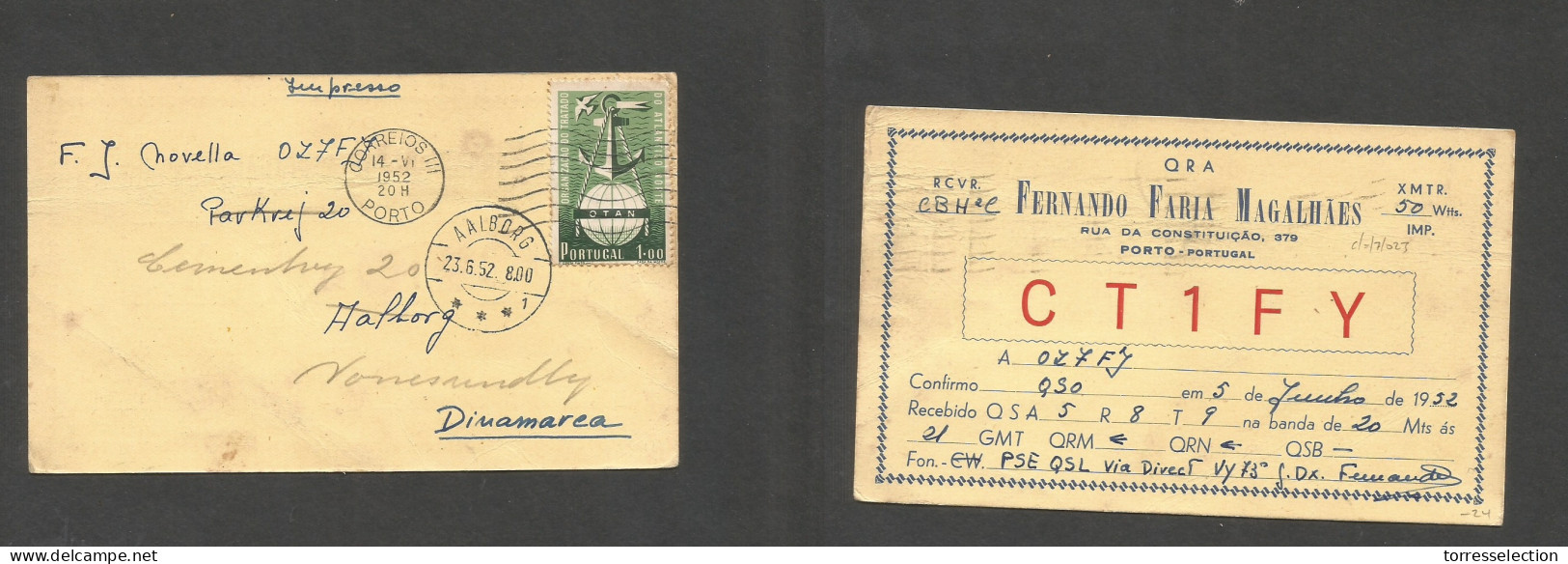 Portugal - XX. 1952 (14 June) Nato Issue. Porto - Denmark, Aalborg (23 June) Fwded PM Rate Printed Radio Card Usage. Fin - Andere & Zonder Classificatie