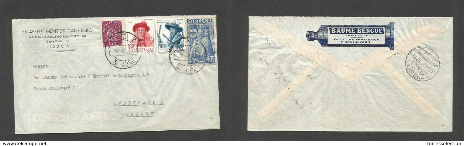 Portugal - XX. 1947 (19 July) Lisboa - Denmark, Cph. Comercial Commemorative Multifkd Mixed Issues Incl Caravela Envelop - Sonstige & Ohne Zuordnung