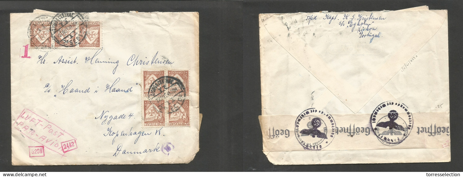 Portugal - XX. 1941 (27 Oct) Lisboa - Denmark, Cph. Air Multifkd Luisiadas Issue Envelope With Contains, Reverse Nazi WW - Autres & Non Classés